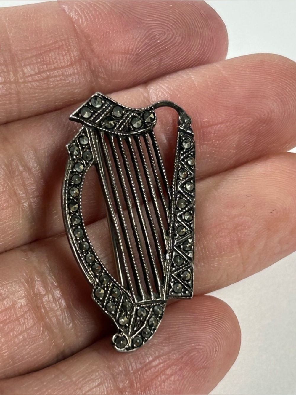Harp Brooch Pin Sterling Silver Marcasite Signed Vintage
